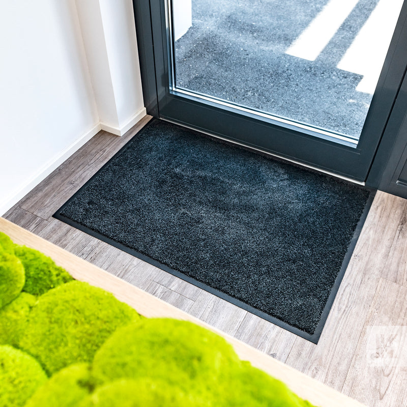 Black EcoAbsorb mat in front of a black framed glass door