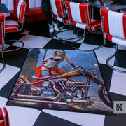 Diner floor with a pictorial mat design of a steampunk woman and bike