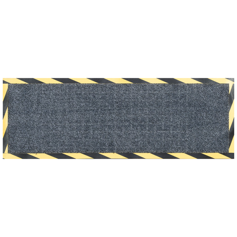 Top down view of a cable mat with hazard tape border on a white background