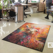 Office scene with a colourful llama design on a printed mat
