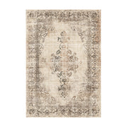 Decorative rug with intricate patterns on a beige background