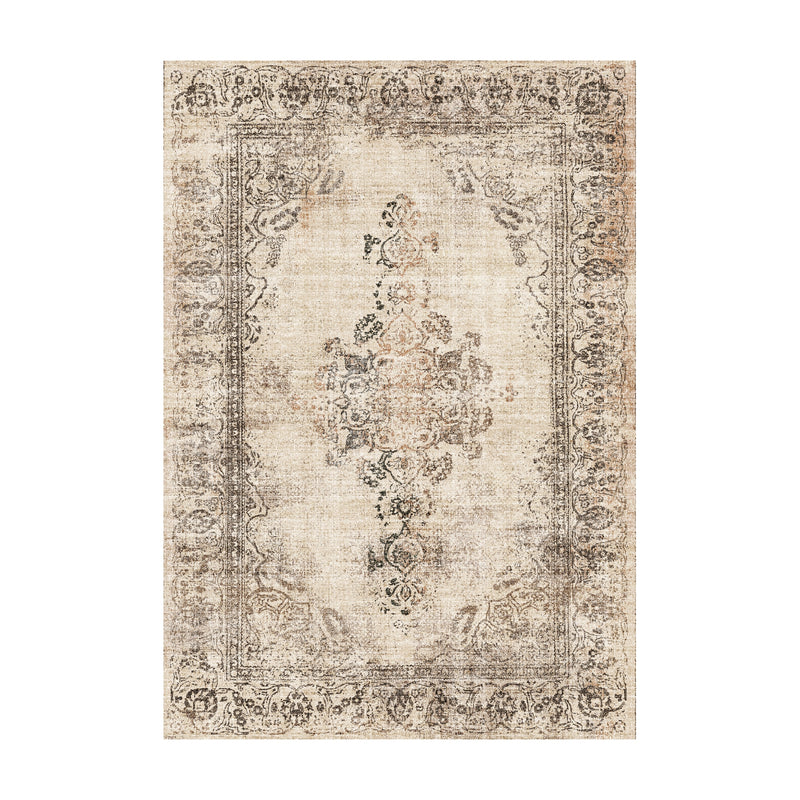 Decorative rug with intricate patterns on a beige background