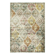 Decorative area rug with a geometric pattern on a white background