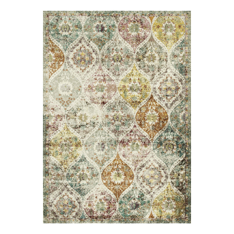 Decorative area rug with a geometric pattern on a white background
