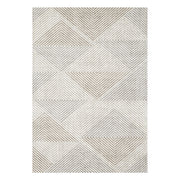 Textured area rug with geometric pattern on a white background