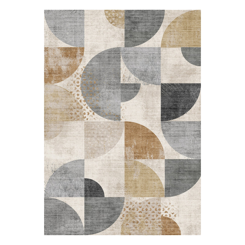 Rug with geometric pattern of circles in gray, beige, and brown on a white background