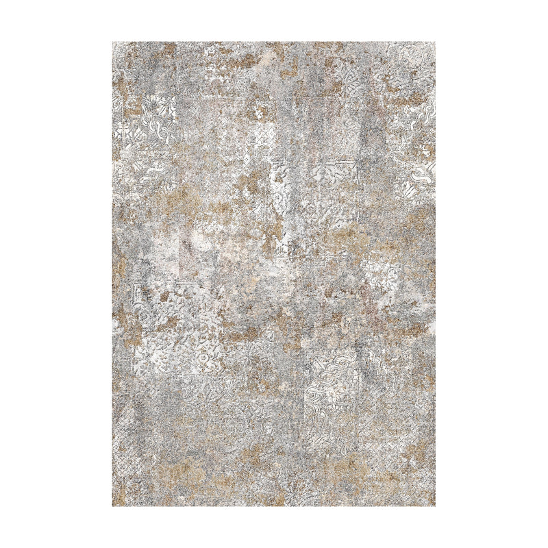 Textured area rug with a neutral color palette on a white background
