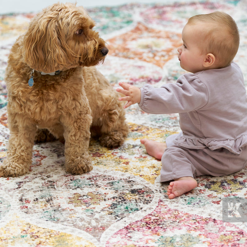 Baby in a light purple outfit reaching out to a brown dog on a colorful rug.
