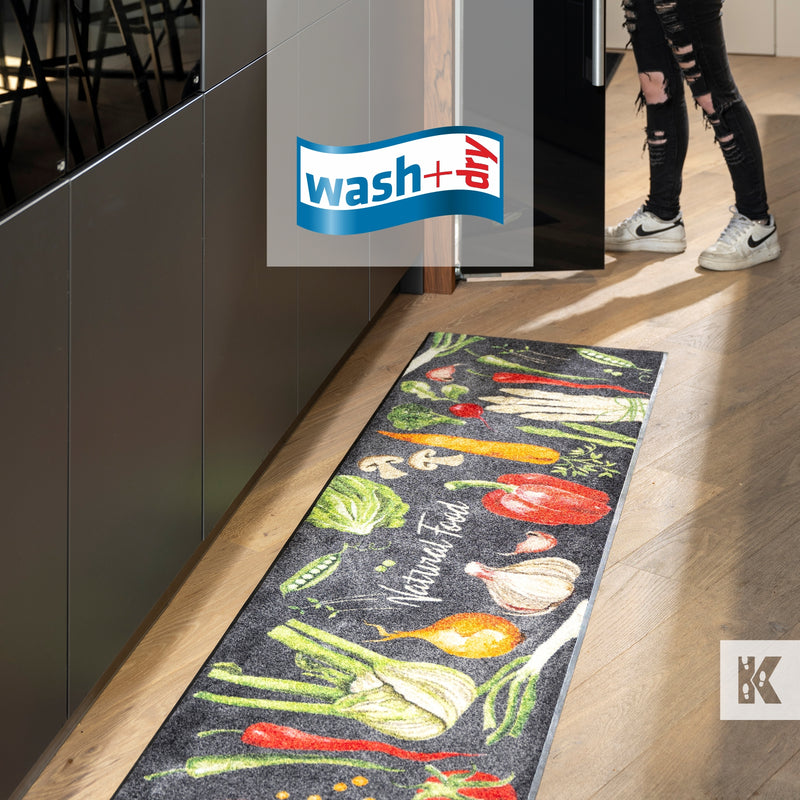 Peppers, garlic, chilli, fennel design on a kitchen runner mat