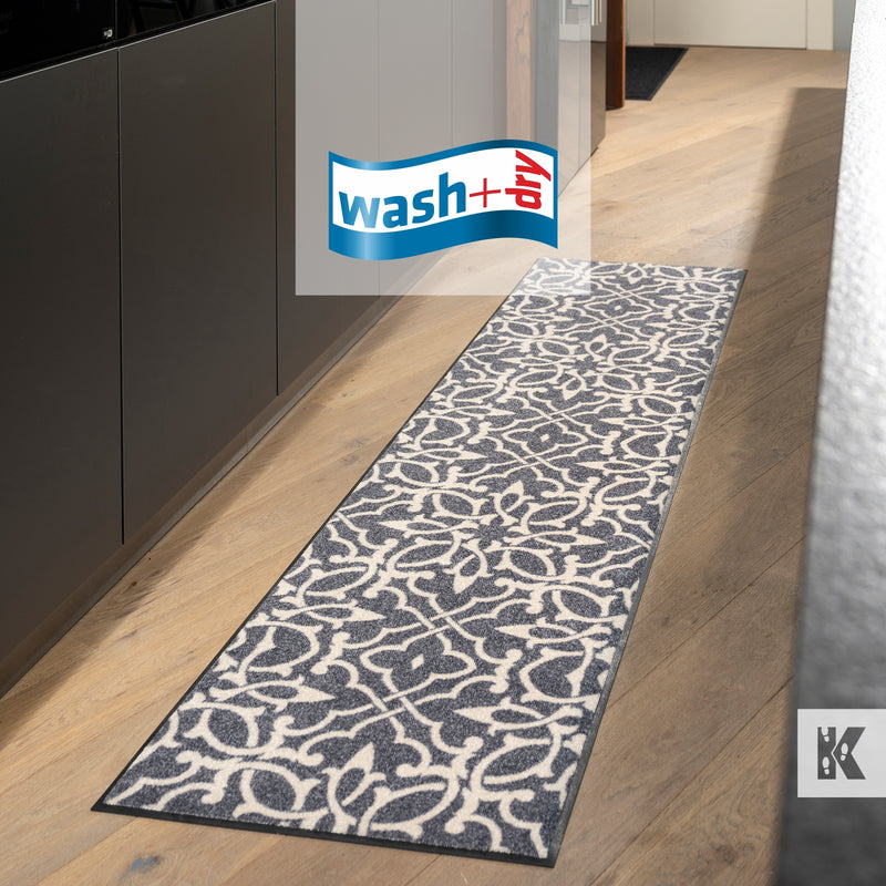 Classic grey and white design on a kitchen runner mat