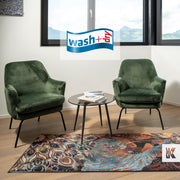 Modern tiger design on a printed floor mat with 2 green chairs