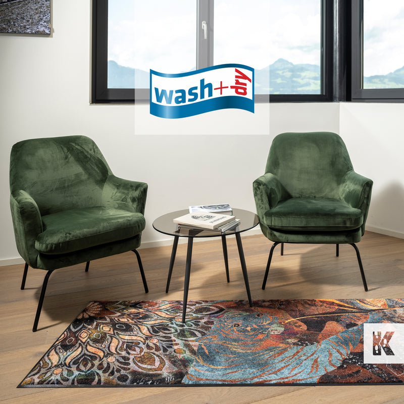 Modern tiger design on a printed floor mat with 2 green chairs